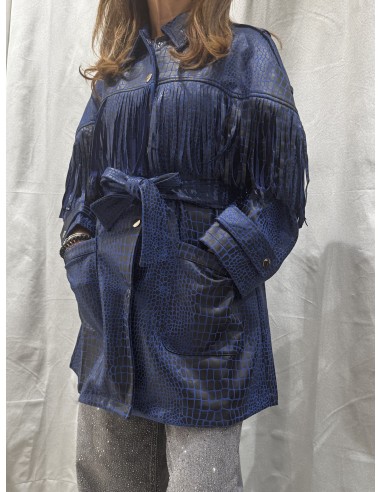 Cazadora larga con flecos de ecopiel azulona Tony