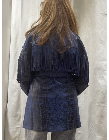 Cazadora larga con flecos de ecopiel azulona Tony