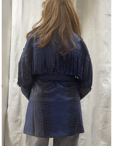 Cazadora larga con flecos de ecopiel azulona Tony