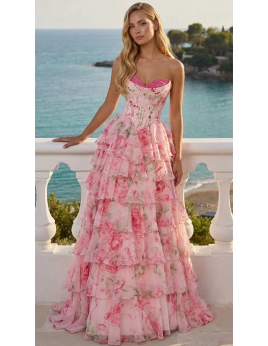 Vestido largo de gasa con volantes estampado en...