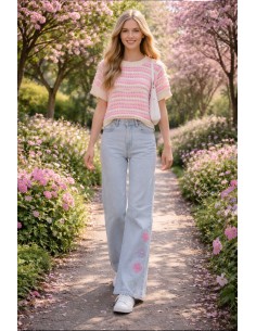 Pantalón gris vaquero desgastado con flores en el bajo Lucia