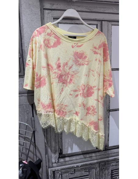 Camiseta de algodón estampada asimétrica con encaje oversize