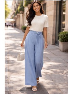 Pantalón fluido ancho azul con cintura elástica y lazada...