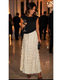 Falda plisada larga beige elegante – Falda fluida de...