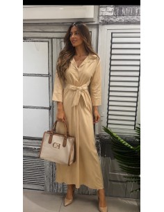 Vestido Camisero Beige Midi con Cinturón para Mujer