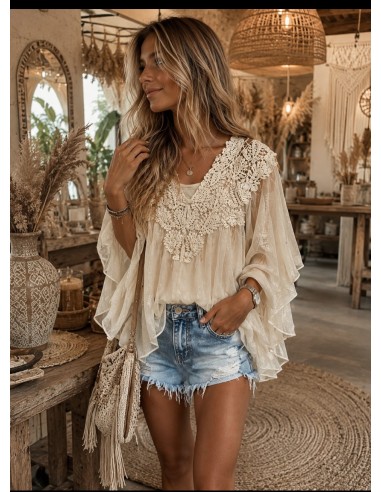 Blusa Boho Beige con Encaje y Manga Fluida para...