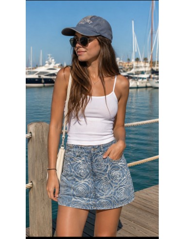 Falda Vaquera Azul con Estampado Floral Relief