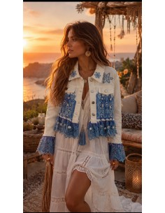Cazadora Boho Bordada Azul